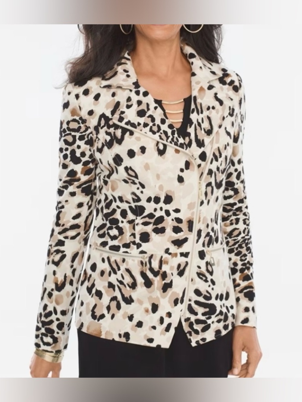 EUC- Chico’s Animal Print Stretch Knit Moto Jacket w/Gold Tone Asymmetrical Zip